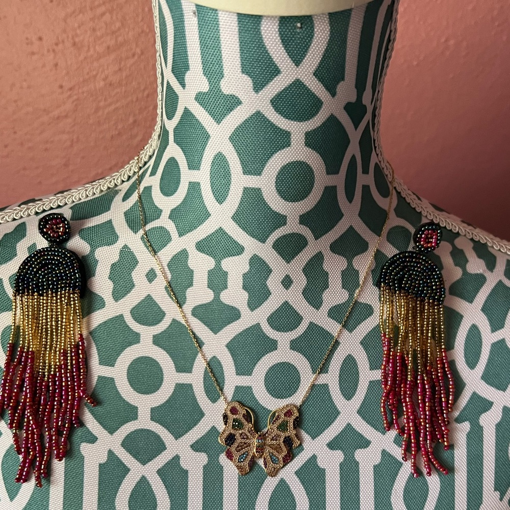 Butterfly Necklace with Boho Beaded earrings